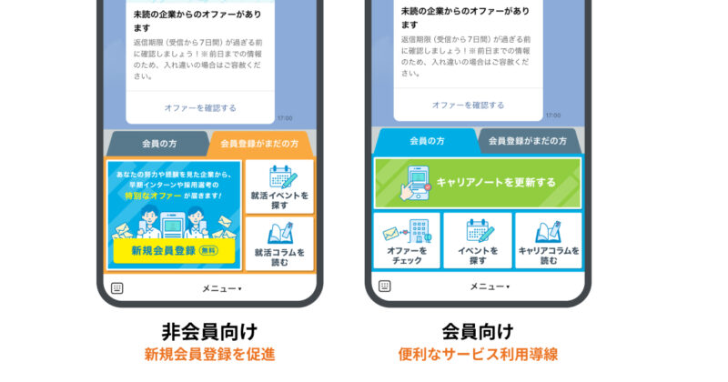 dodaキャンパス：タブ型リッチメニューで会員向けと非会員向けを切り替え