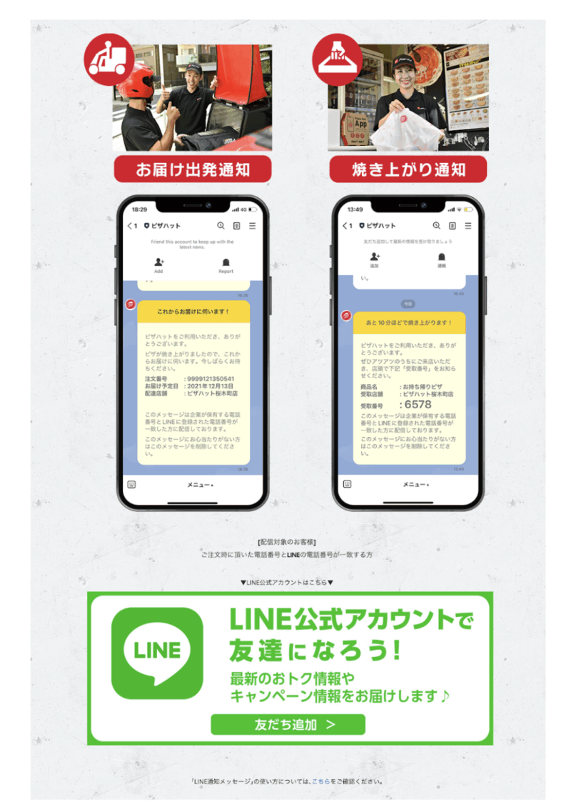 LINE通知メッセージ(ピザハット)