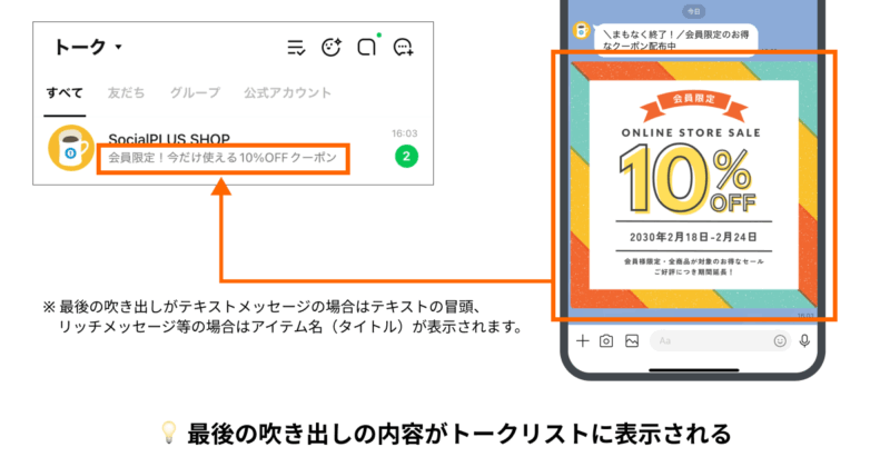 最後の吹き出しの内容がトークリストに表示